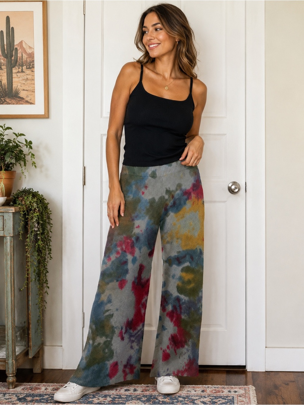 Wide-Leg Ribbed Knit Lounge Pants - Multicolor Tie-Dye - Sweater Pants